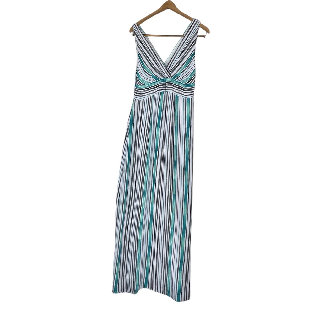 Worthington Dress Maxi Size 8 Teal Stripe Empire V-Neck Sleeveless Women